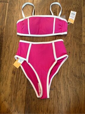 Kona Sol Hot Pink and White High-Waist Bikini